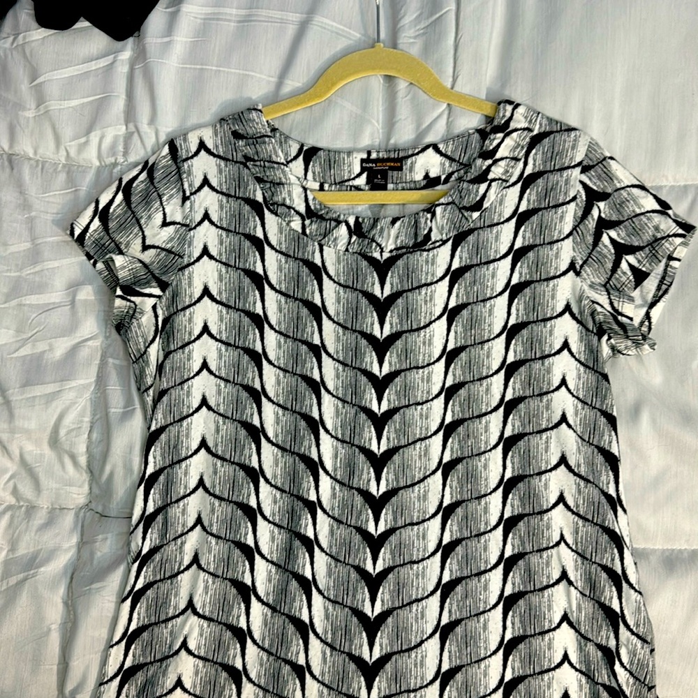 Black, white, and gray short sleeve shirt. Dana Bachman Signature